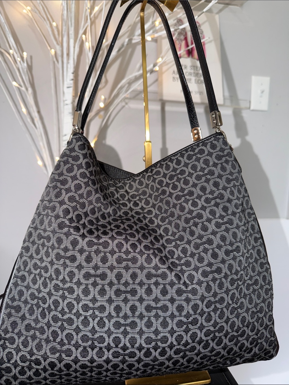 Coach black/grey circle design. Bright aqua inside 3 seperat compartments 12X11